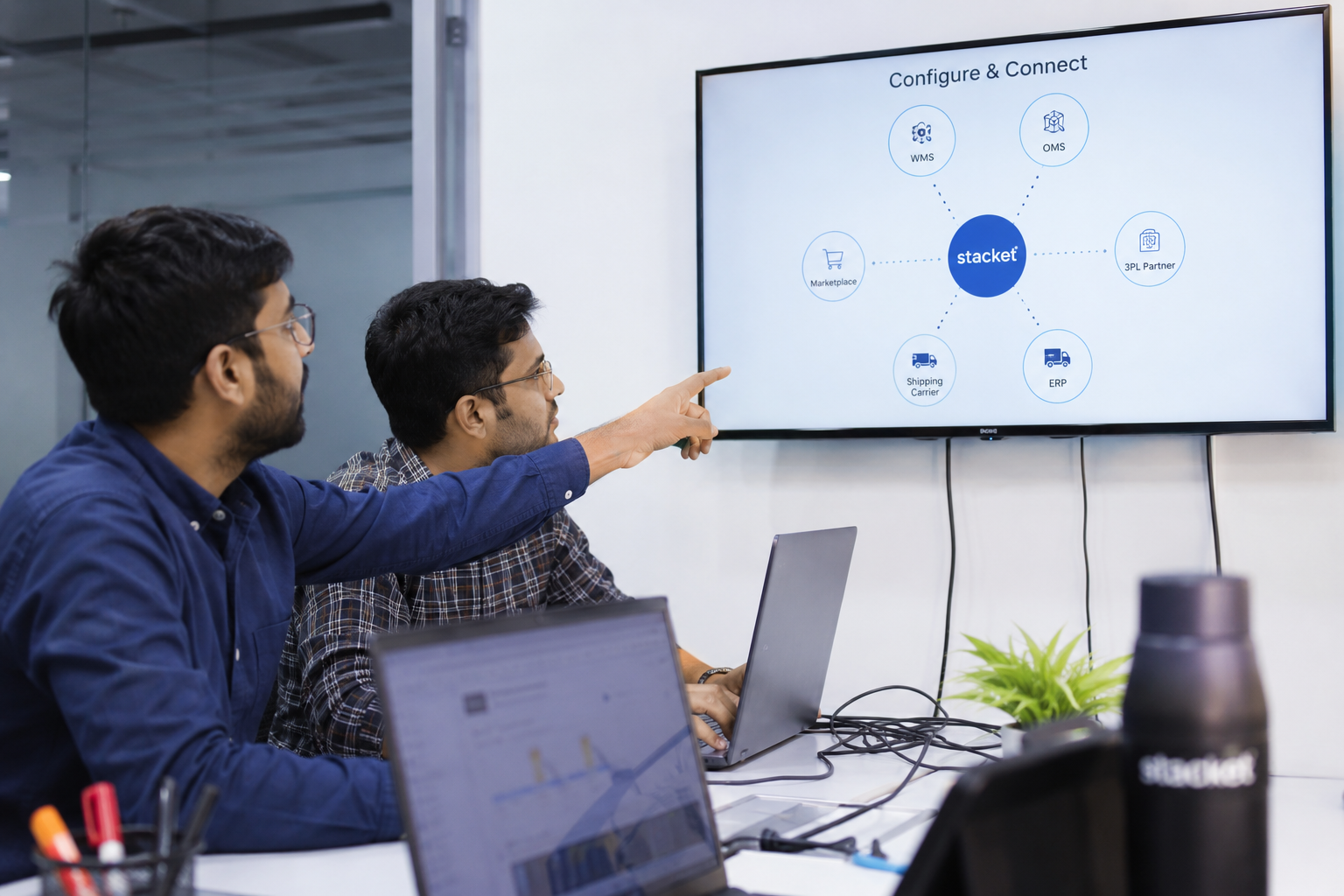 Stacket team reviewing a Configure and Connect diagram linking WMS, OMS, marketplaces, 3PL partners, shipping carriers, and ERP systems