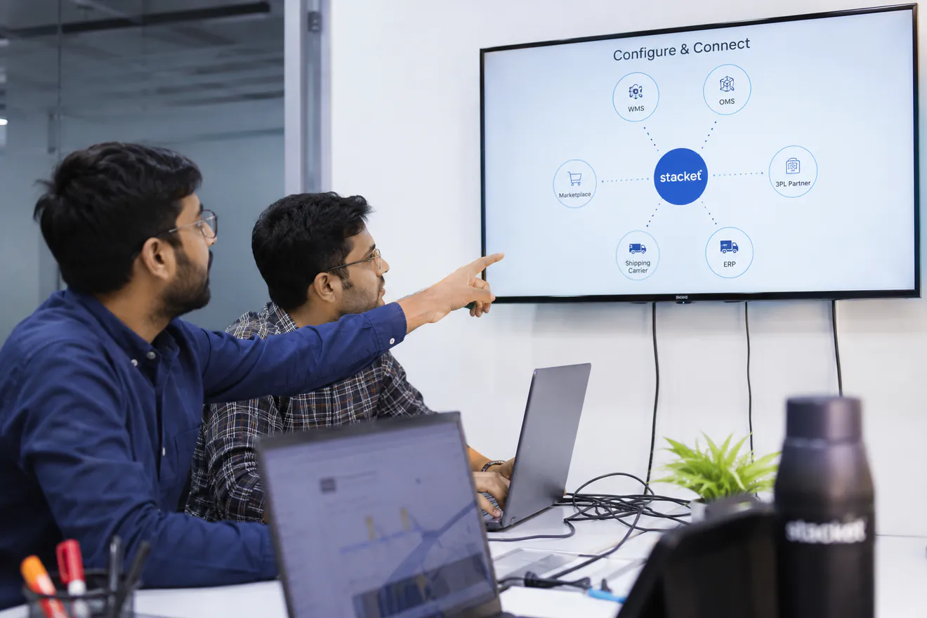 Stacket team reviewing a Configure and Connect diagram linking WMS, OMS, marketplaces, 3PL partners, shipping carriers, and ERP systems