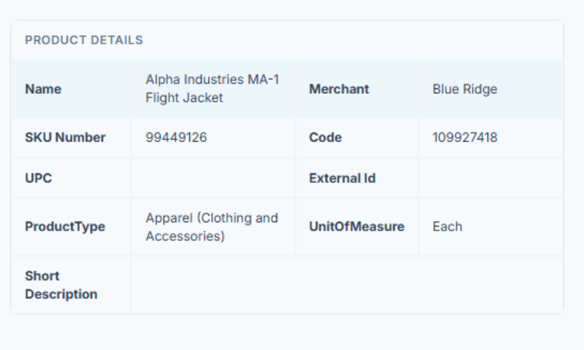 Stacket apparel inventory matrix screen showing style, size, color, SKU, barcode, and bin details