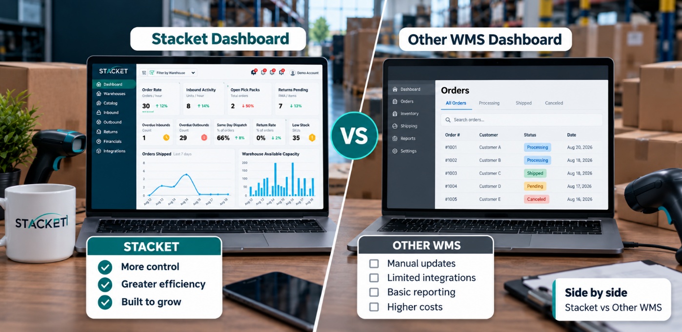 Stacket dashboard next to another WMS dashboard, labeled side by side