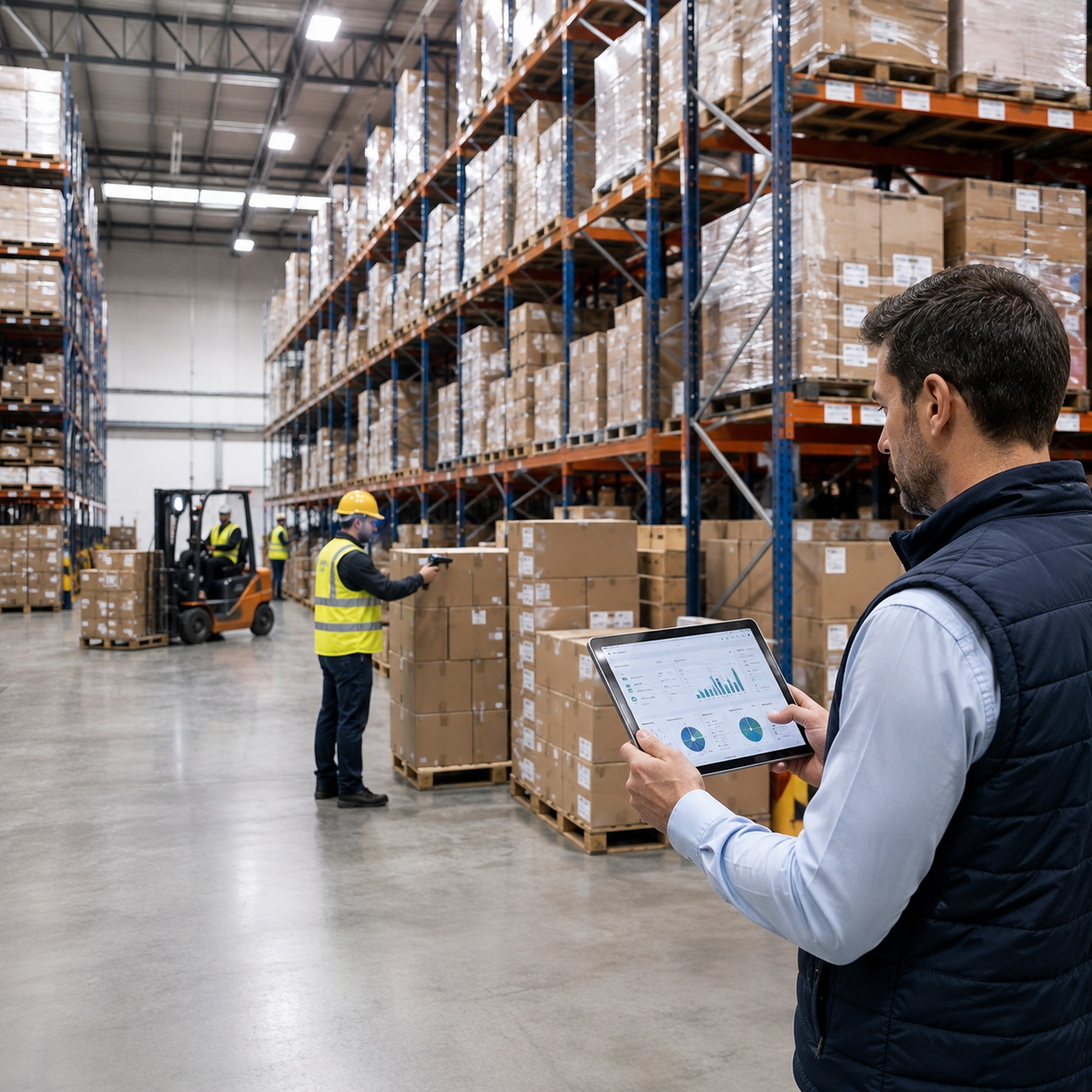 Warehouse worker managing high-SKU inventory on the shelves