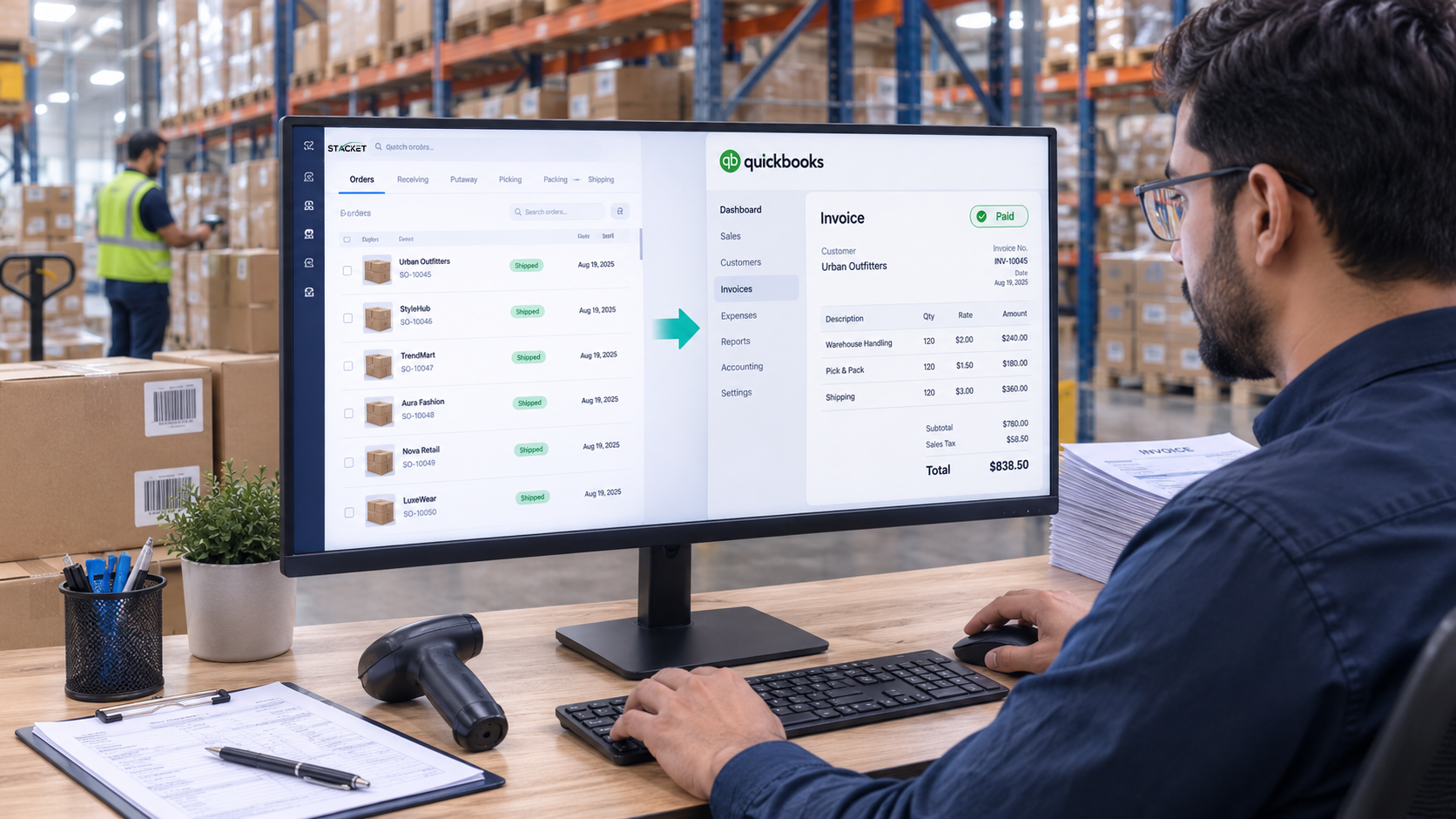 Warehouse worker reviewing a Stacket order handed off to a QuickBooks invoice