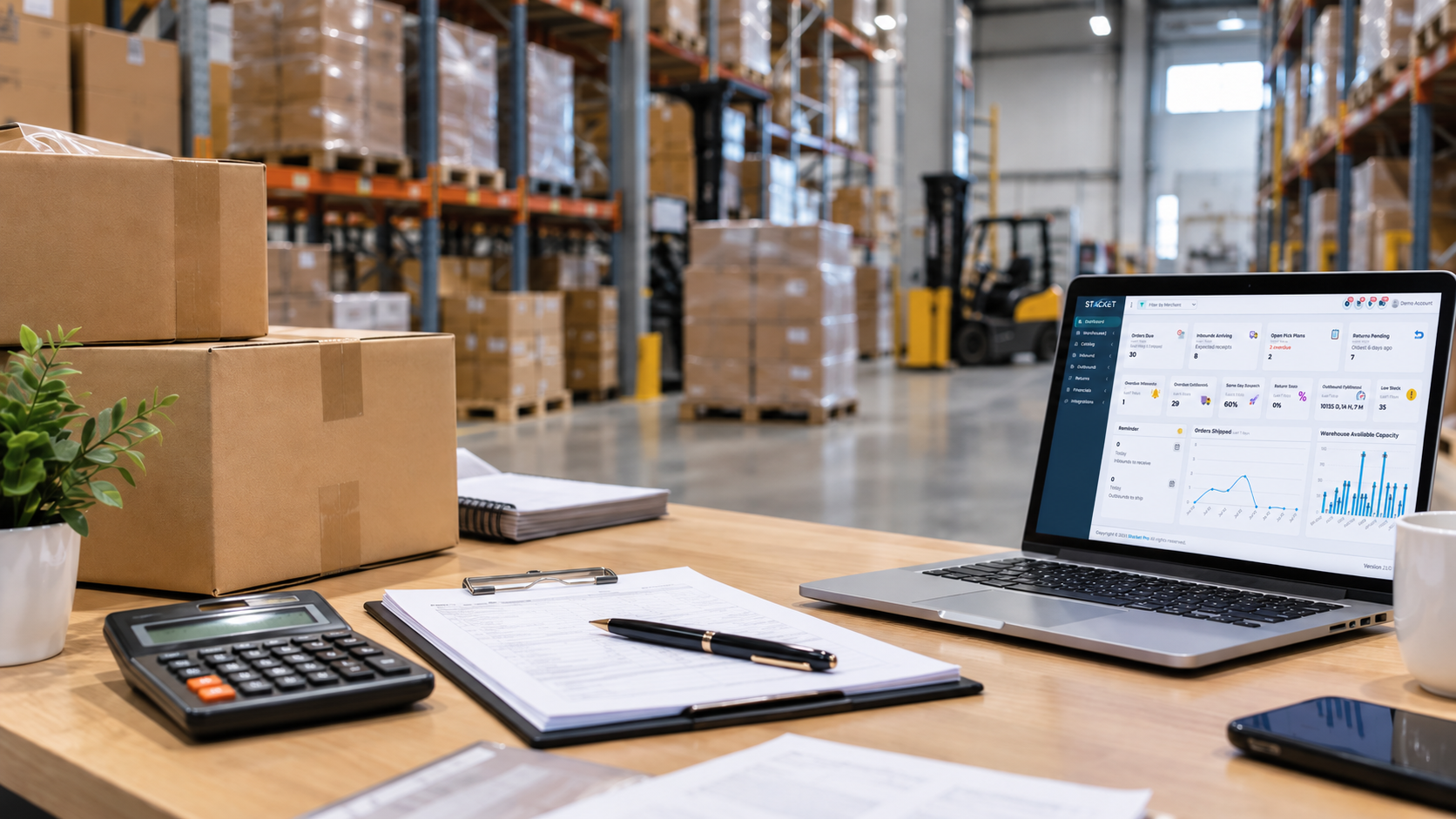 Warehouse desk with a calculator and paperwork next to a laptop showing the Stacket WMS dashboard