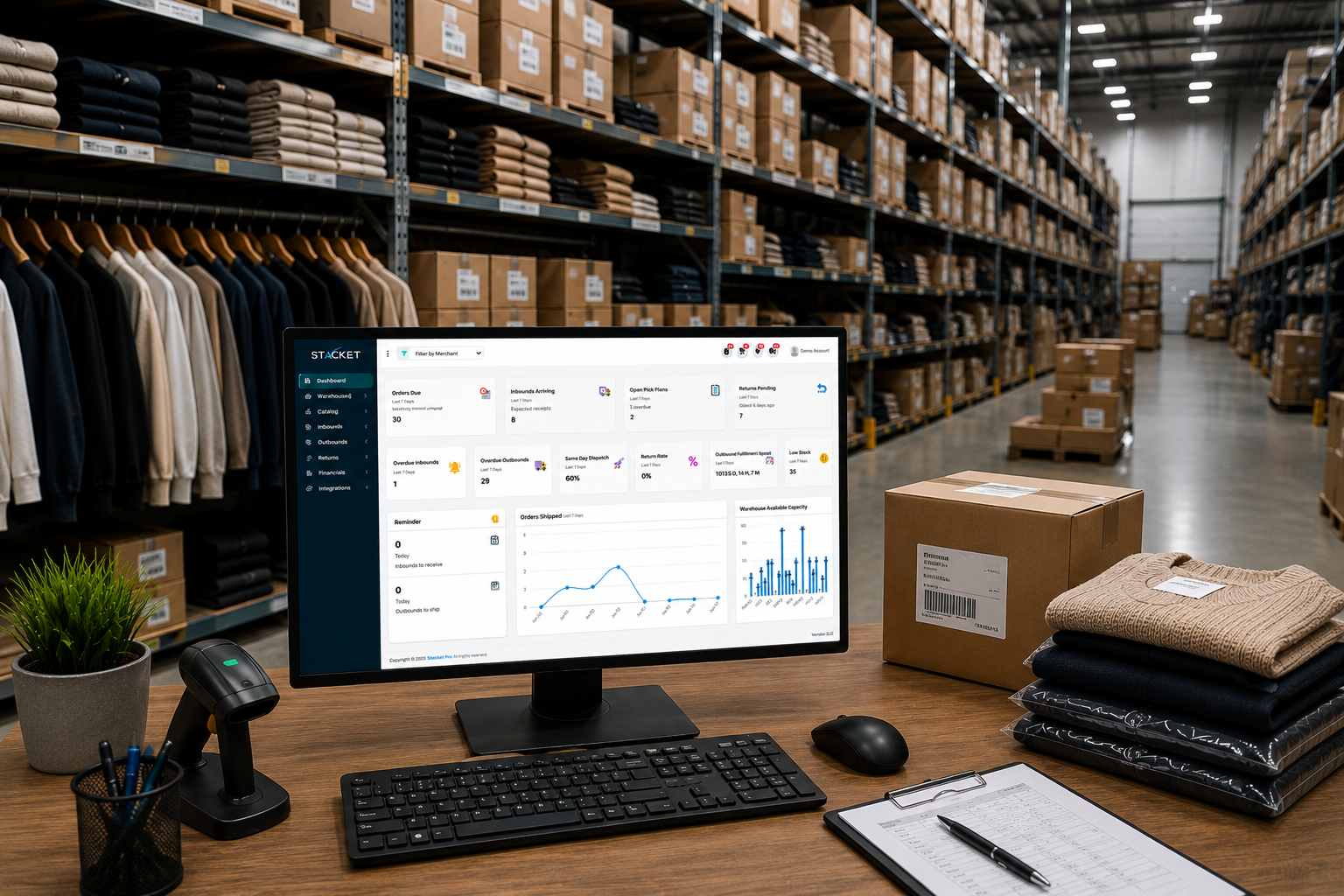 Stacket apparel WMS inventory dashboard on a warehouse workstation