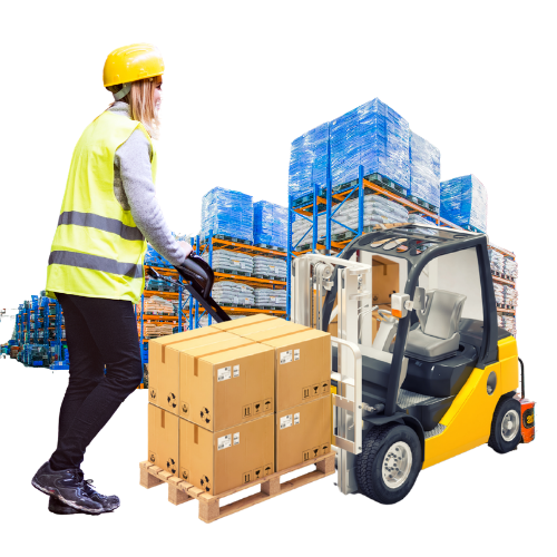 Warehouse worker manually moving stacked pallets and boxes